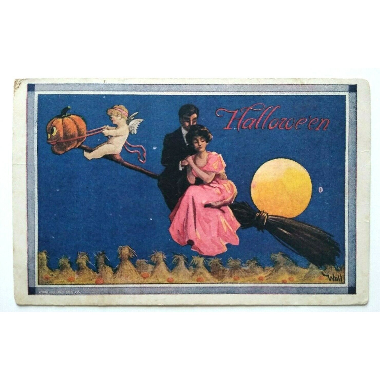 Original Halloween Postcard Series 182 Cupid Baby Flying On Broom Corr Ullman