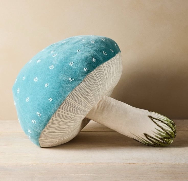 John Derian Beaded Mushroom Pillow Blue