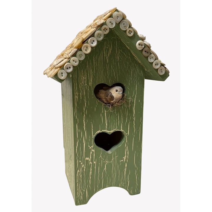 Vintage Handcrafted Wooden Birdhouse With Heart Cutouts Button Adorned Roof