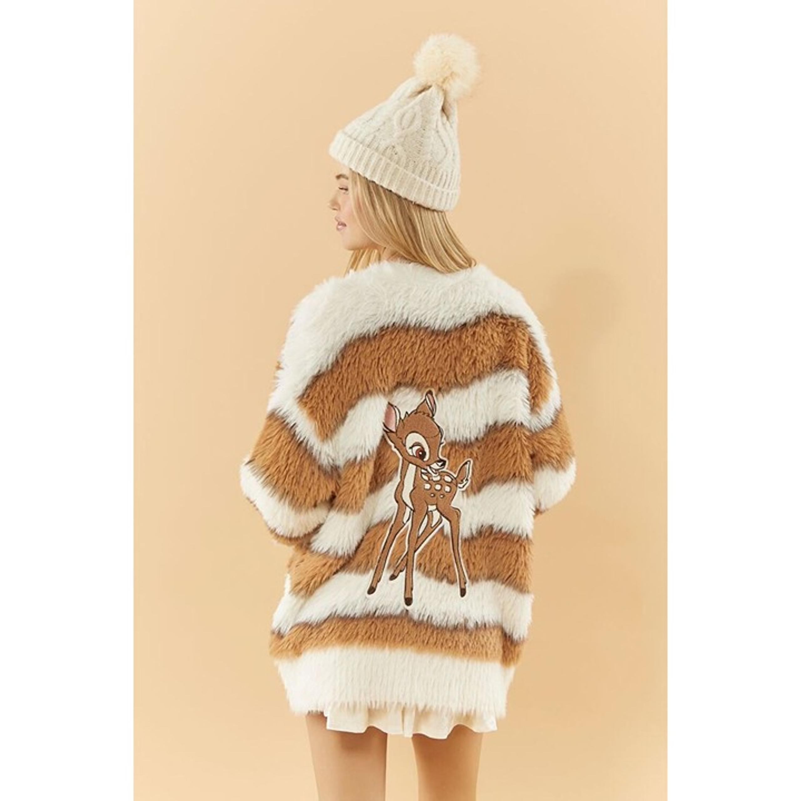 Disney Womens Size Small Bambi Faux Fur Cardigan Oversized Sweater Tan White New