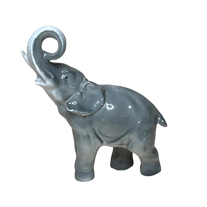 Vintage Germany Porcelain Gray Elephant Figurine Trunk Up