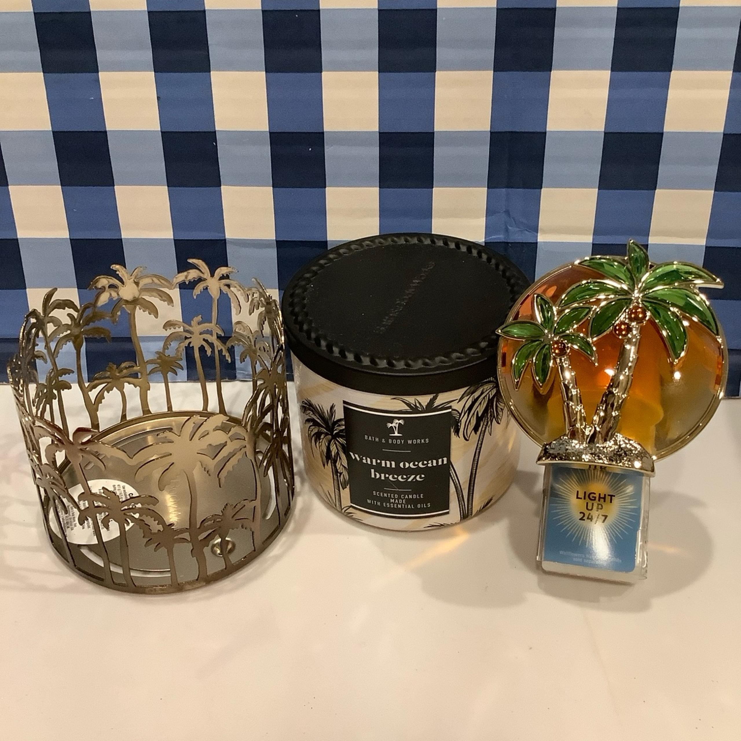 BBW Palm Trees Candle Holder, Wallflower Plug & Warm Ocean Breeze Candle