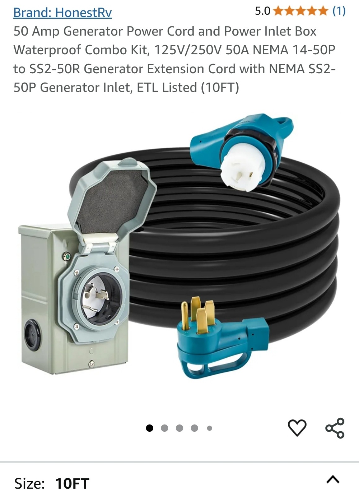 50 Amp Generator Power Cord and Power Inlet Box Waterproof Combo Kit, 125V/250V