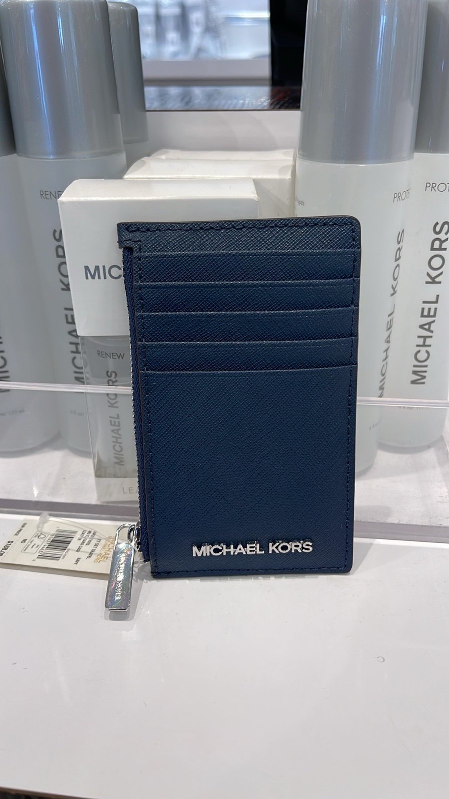 Michael Kors Jet Set Travel Medium Leather Card Case Navy Silver NWT
