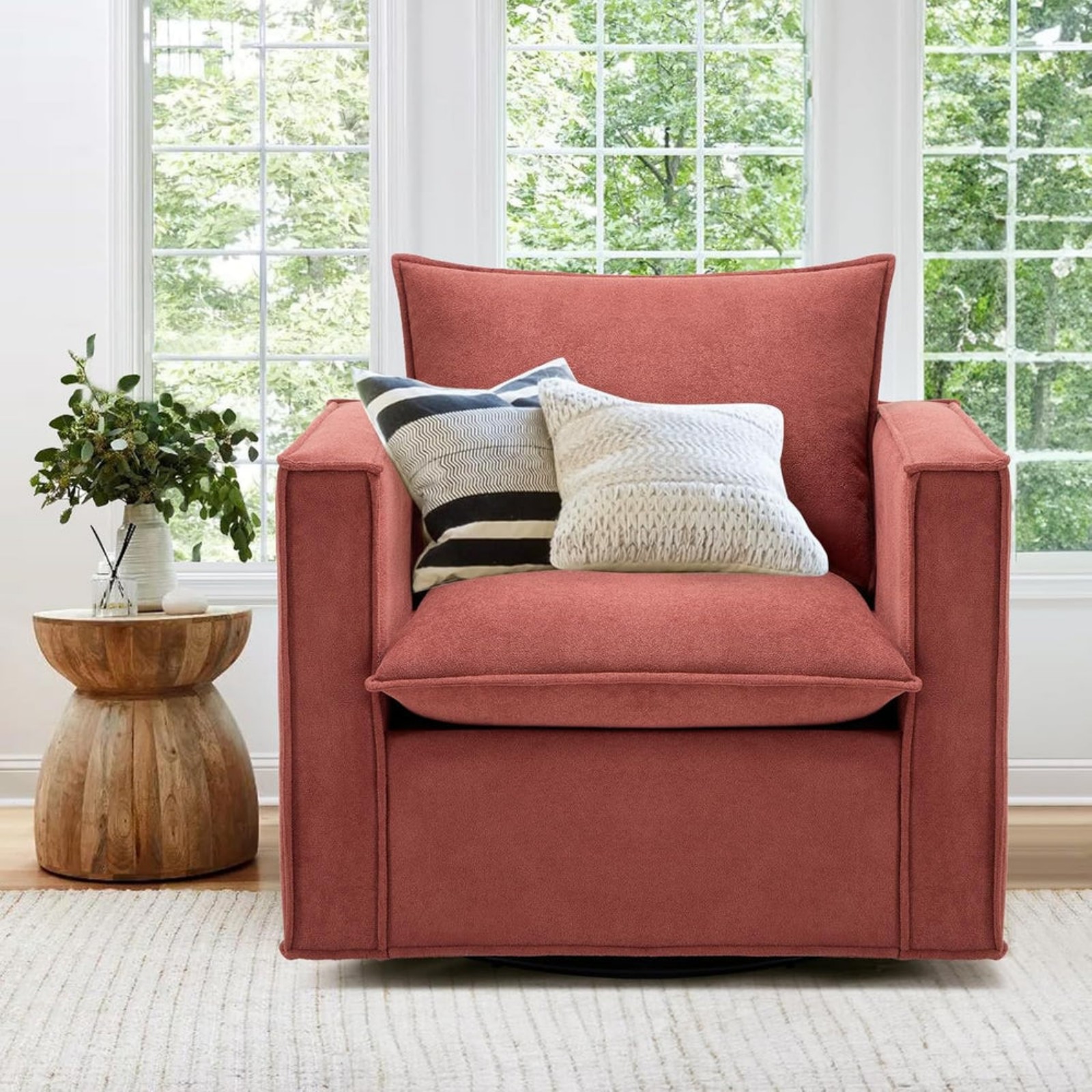 Swivel Accent Chair, 34 Inches Wide Upholstered Arm Chair with Plump Back Pillow