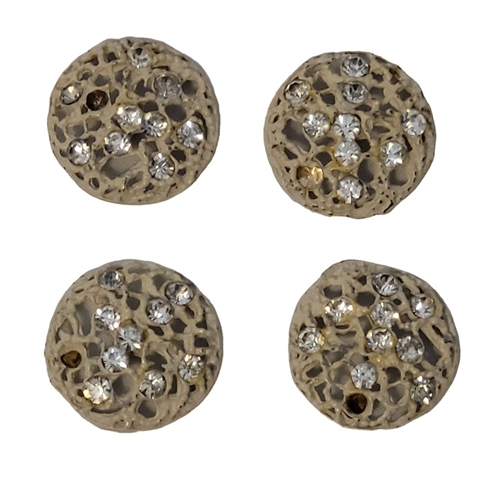 Vintage Metal Buttons White Rhinestones Set of 4 50s 60s Retro Heavy 1 Inch