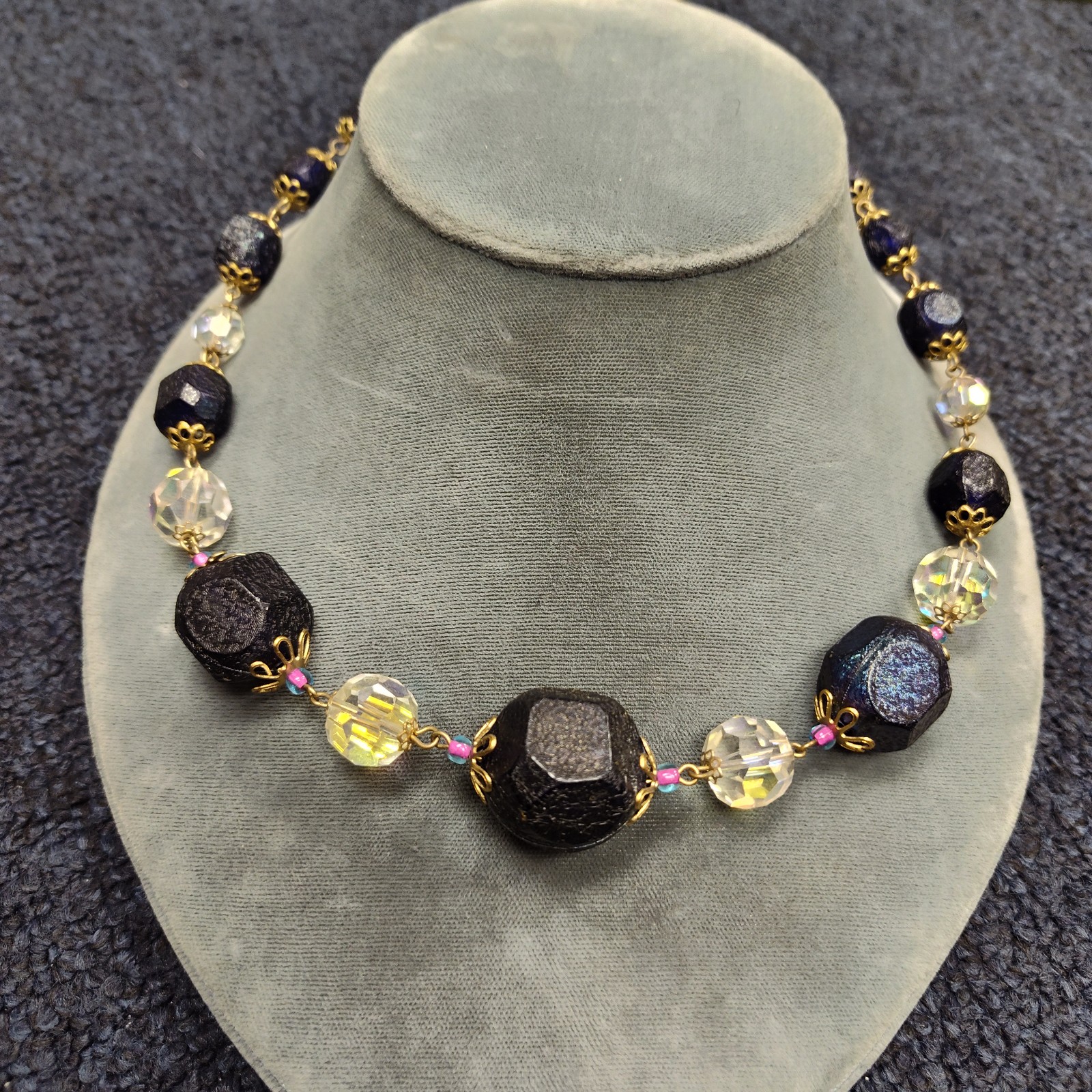 Vintage AB Crystal and black lucite bead necklace
