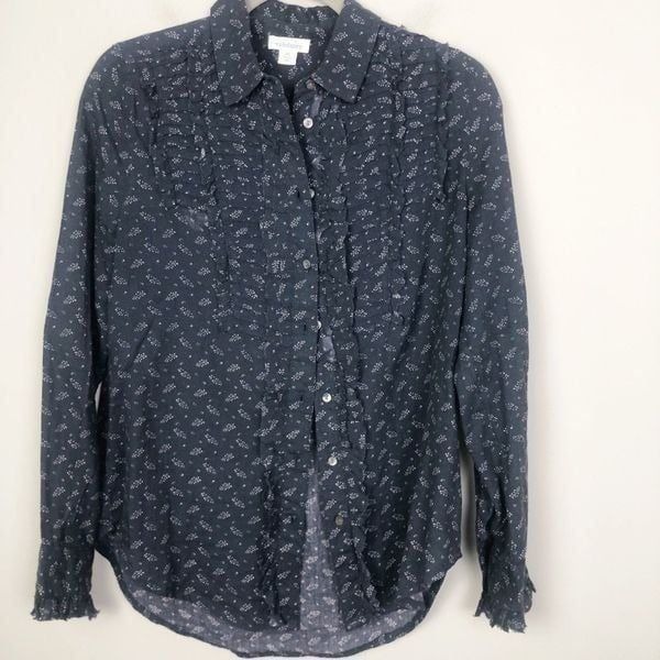 SUNDANCE | Nola Button Down Printed Shirt Navy Blue & White Women’s Size X-Small