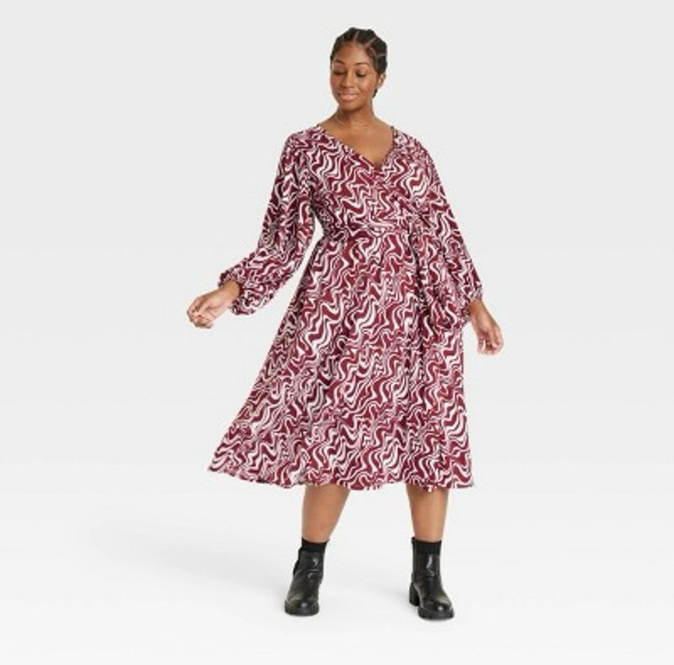Ava & Viv NWT Women's 1X Burgundy Swirl Balloon Long Sleeve Midi Belted Dress