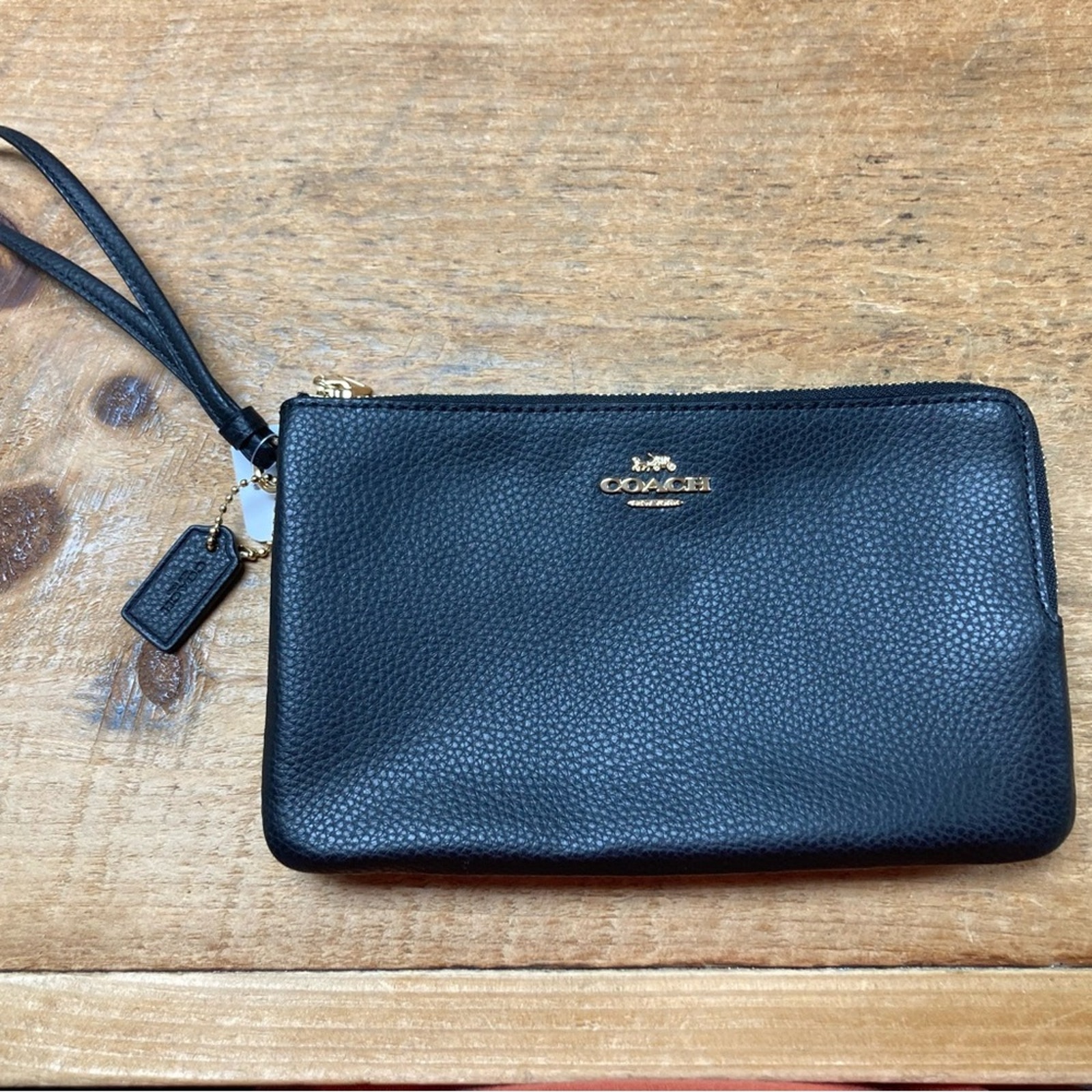 Coach Black Pebbled Leather Wristlet Double Zipper Large