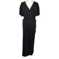 ASTR The Label Black Plisse Side Tie V-neck Short Sleeve Wide Leg Jumpsuit