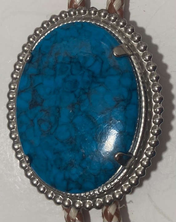 Vintage Metal Bolo Tie, Nice Blue Turquoise Stone Design, 2 x 1 1/2\ 