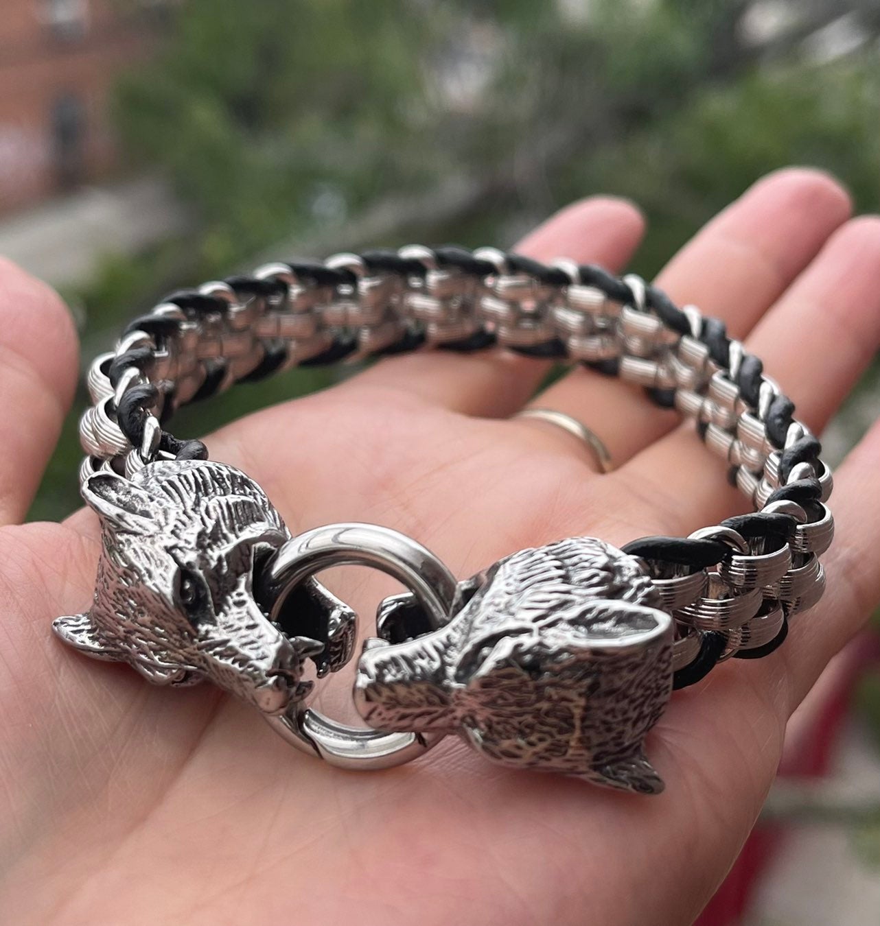 FREE SHIPPING ！9 inch Large Mens Fashion Cool Biker Viking Wolf Head Bracelet Fo