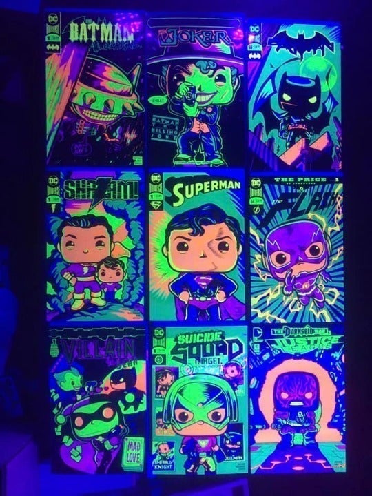 Set of 9 - DC Comic Cover Black Light Funko Pop Style Prints