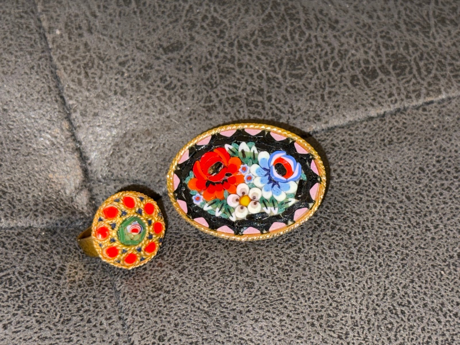 Italian Micro Mosaic Brooch Pin and Ring
