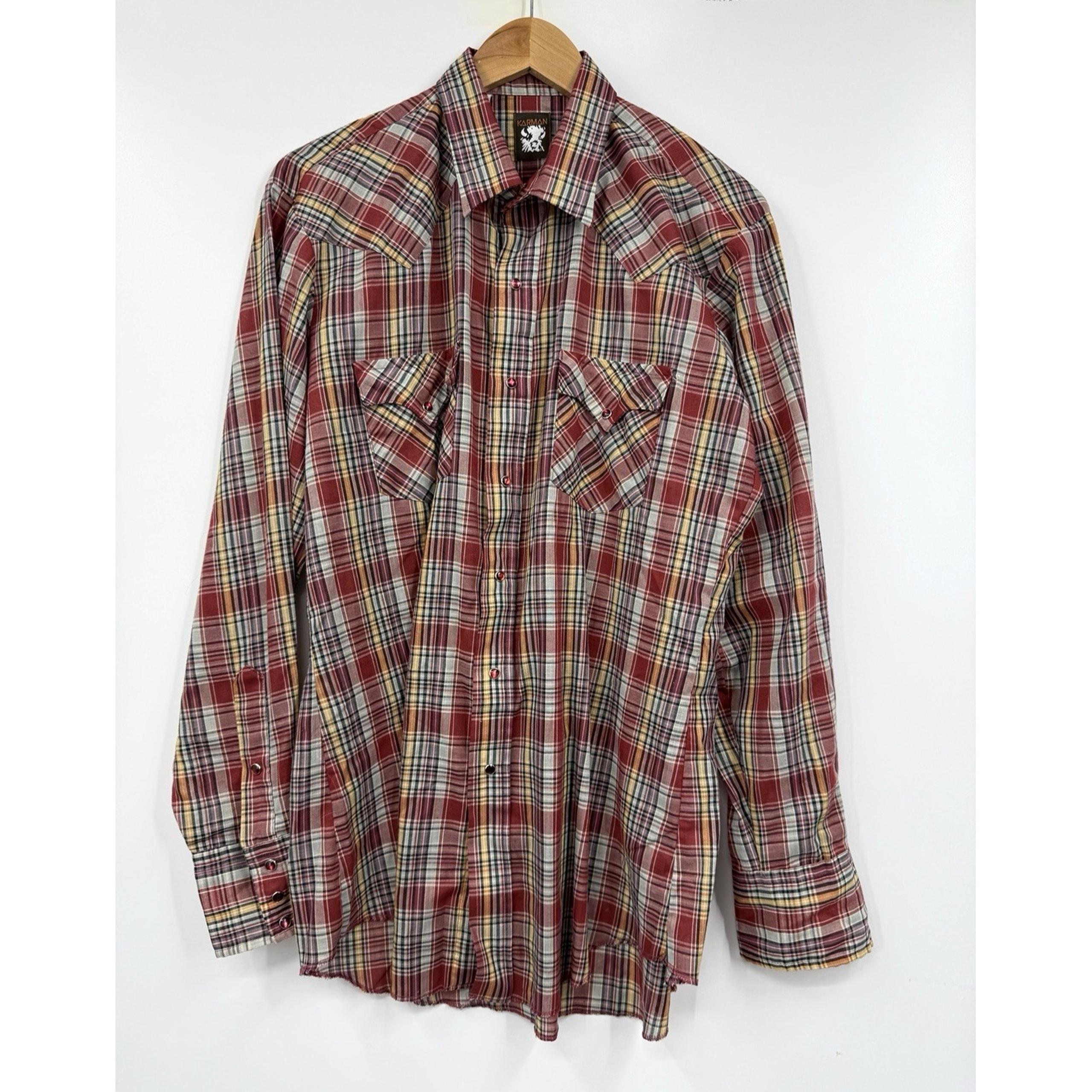 Vintage 90's Karman Pearl Snap Plaid Shirt Large Red Rodeo Rockabilly USA