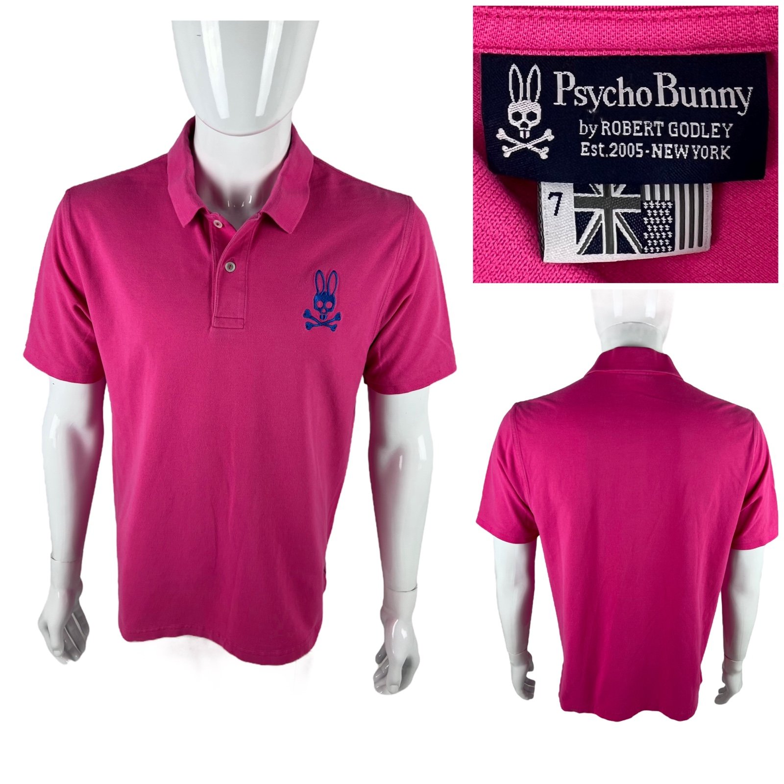 Psycho Bunny Mens 7 Polo Shirt 100% Pima Cotton Pink Short Sleeve Embroidered