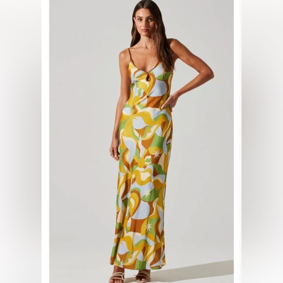 ASTR The Label Nilana Keyhole Satin Dress - Brown Mustard Multi