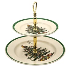 Elegant Spode Christmas Tree Two Tier Serving Tray, Vintage English Porcelain
