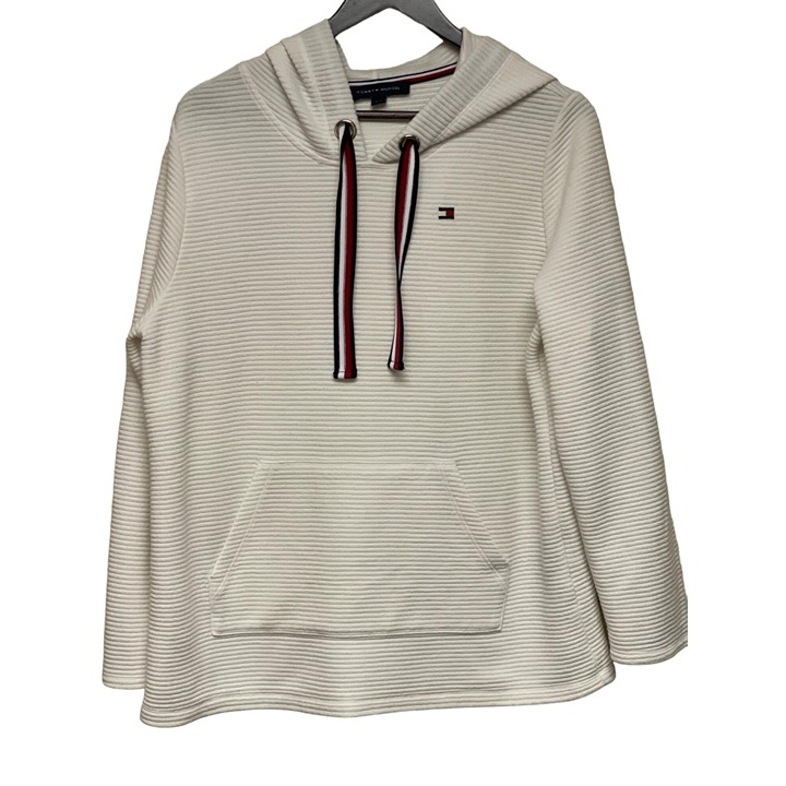Tommy Hilfiger White Ribbed Hooded Sweatshirt Pull Over Ribbon Women's  Large