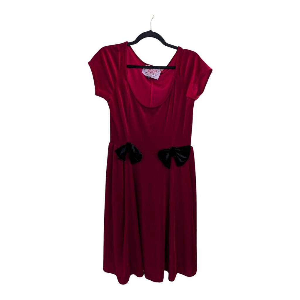 WAX POETIC Red Velvet Fit & Flare Dress w/ Black Bows XL Whimsygoth Valentine's