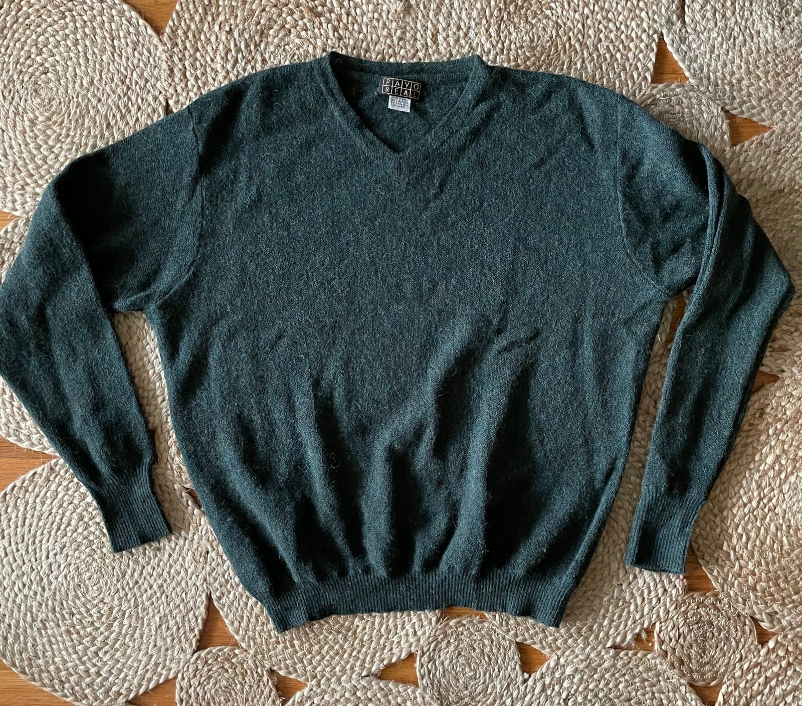 Vintage Pavo Real Forest Green 100% Alpaca Sweater V Neck XLarge