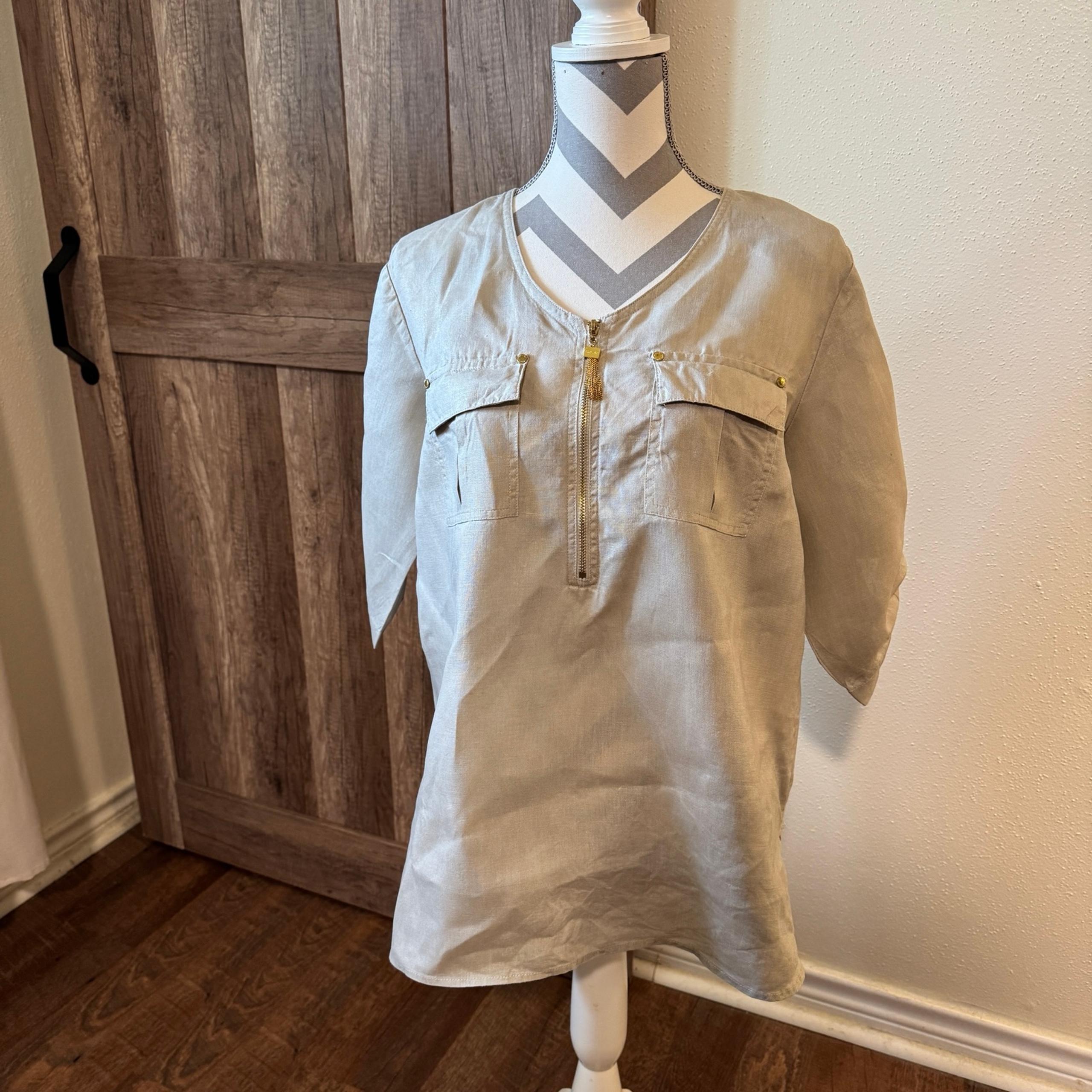 Linen large petite Ellen Tracy hi low super gold tan women’s top blouse shirt