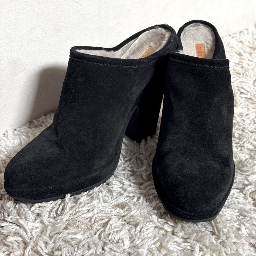 Zamagni Black Suede Fur Lined Slip-On Mules Slides Chunky Block Heel Sz 38