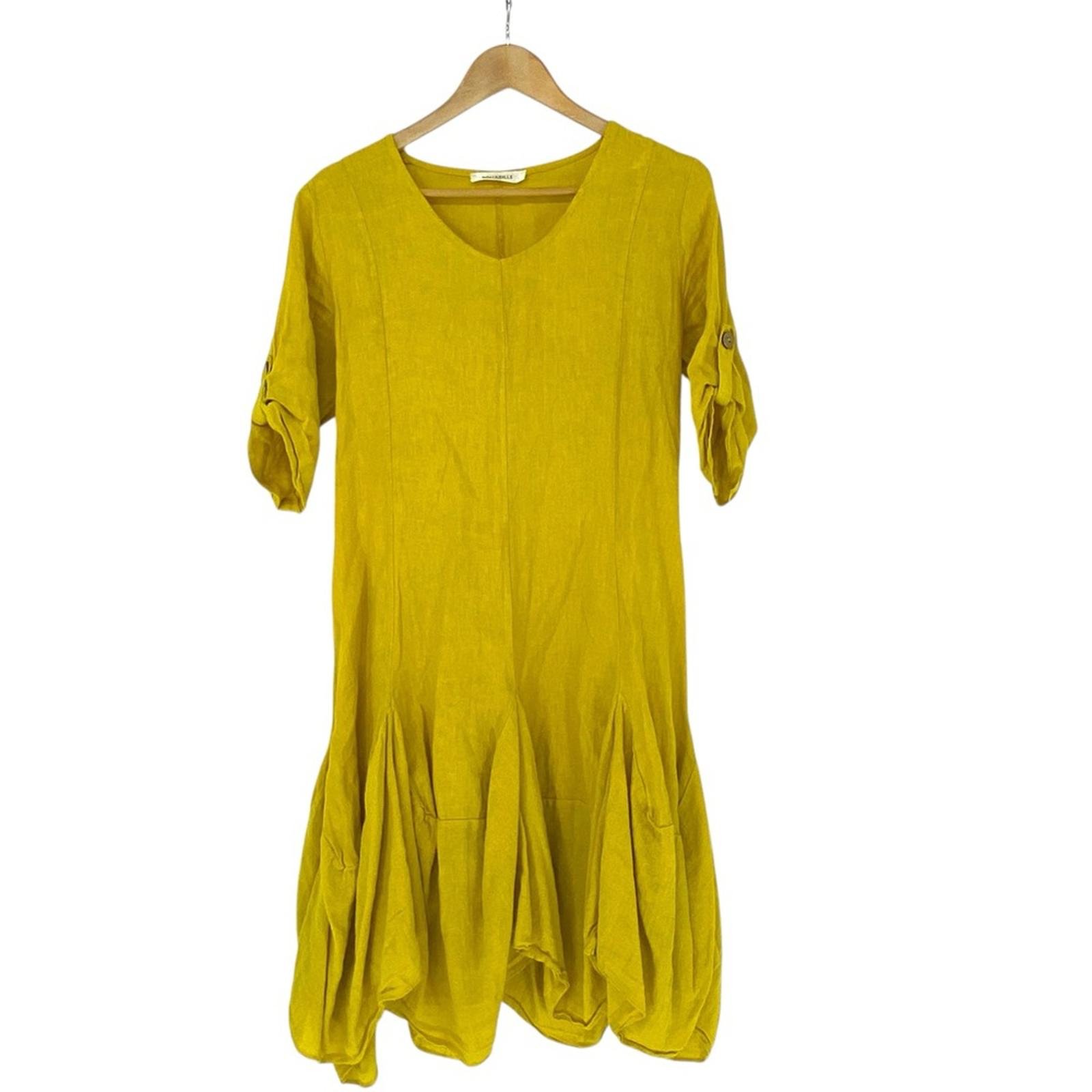 Bohabille Paris Yellow 100% Linen Pullover Scoop Neck Balloon Dress Women's Med