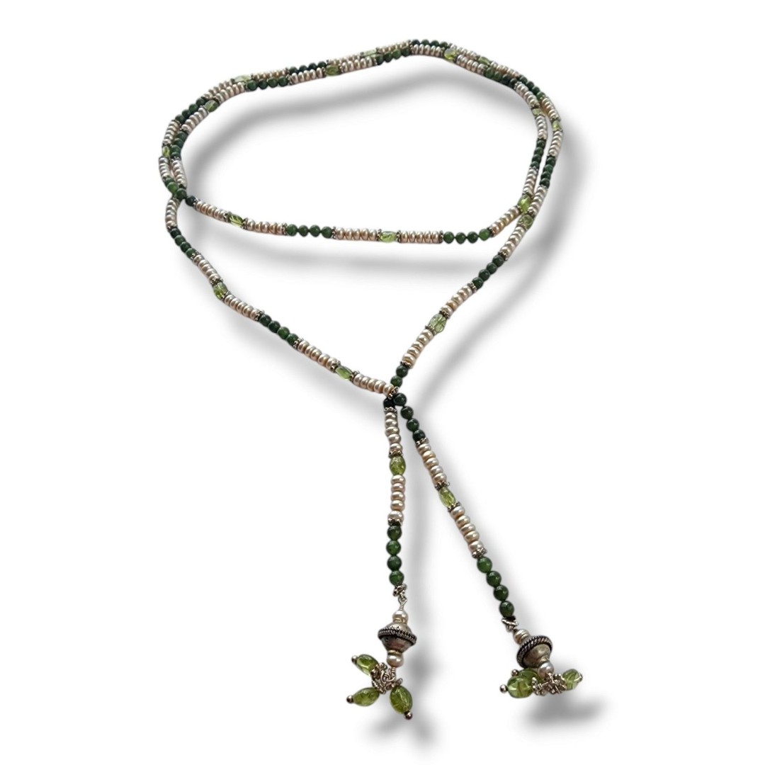 Natural White Pearl, Peridot And Jade Lariat Necklace Long Bohemian Green Cream