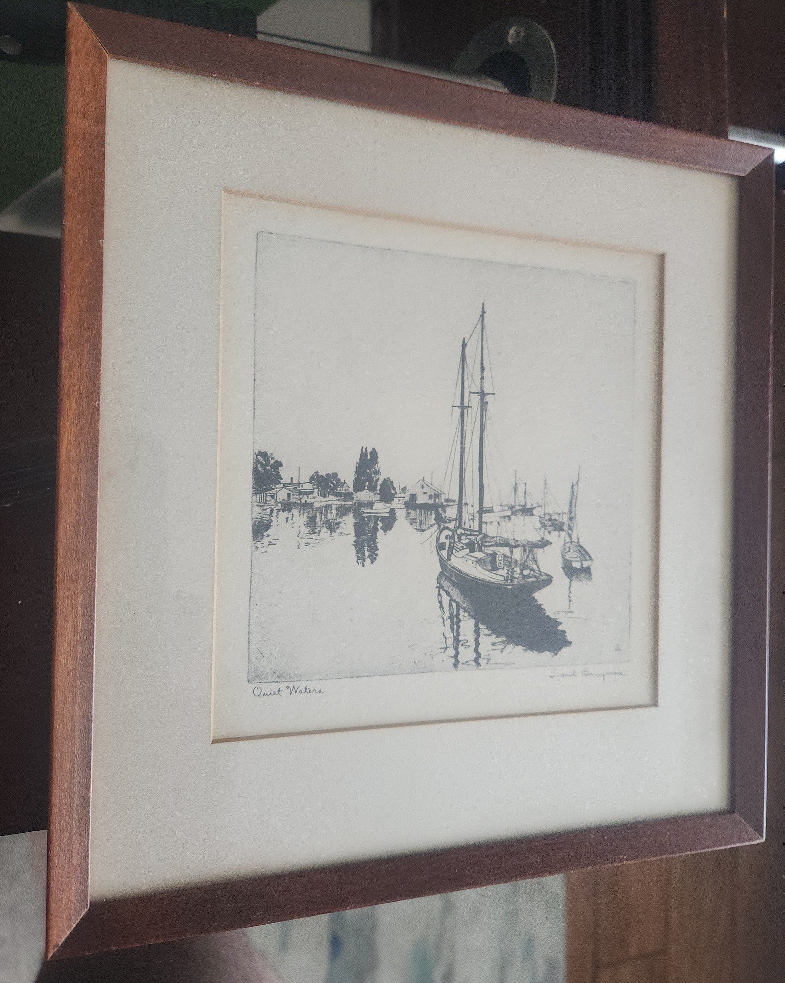 Lionel Barrymore signed etching titled 'Quiet Waters.' framed