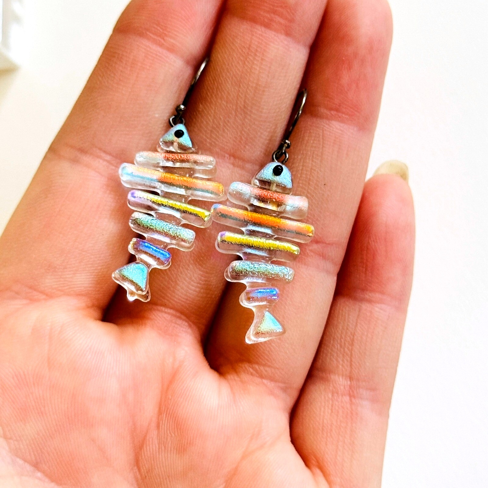 Fish Bone Dichroic Glass Earrings Dangle Pierced Rainbow 925 sterling Silver