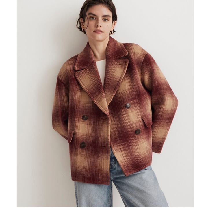 Madewell Brushed Double-Breasted Short Coat in Plaid