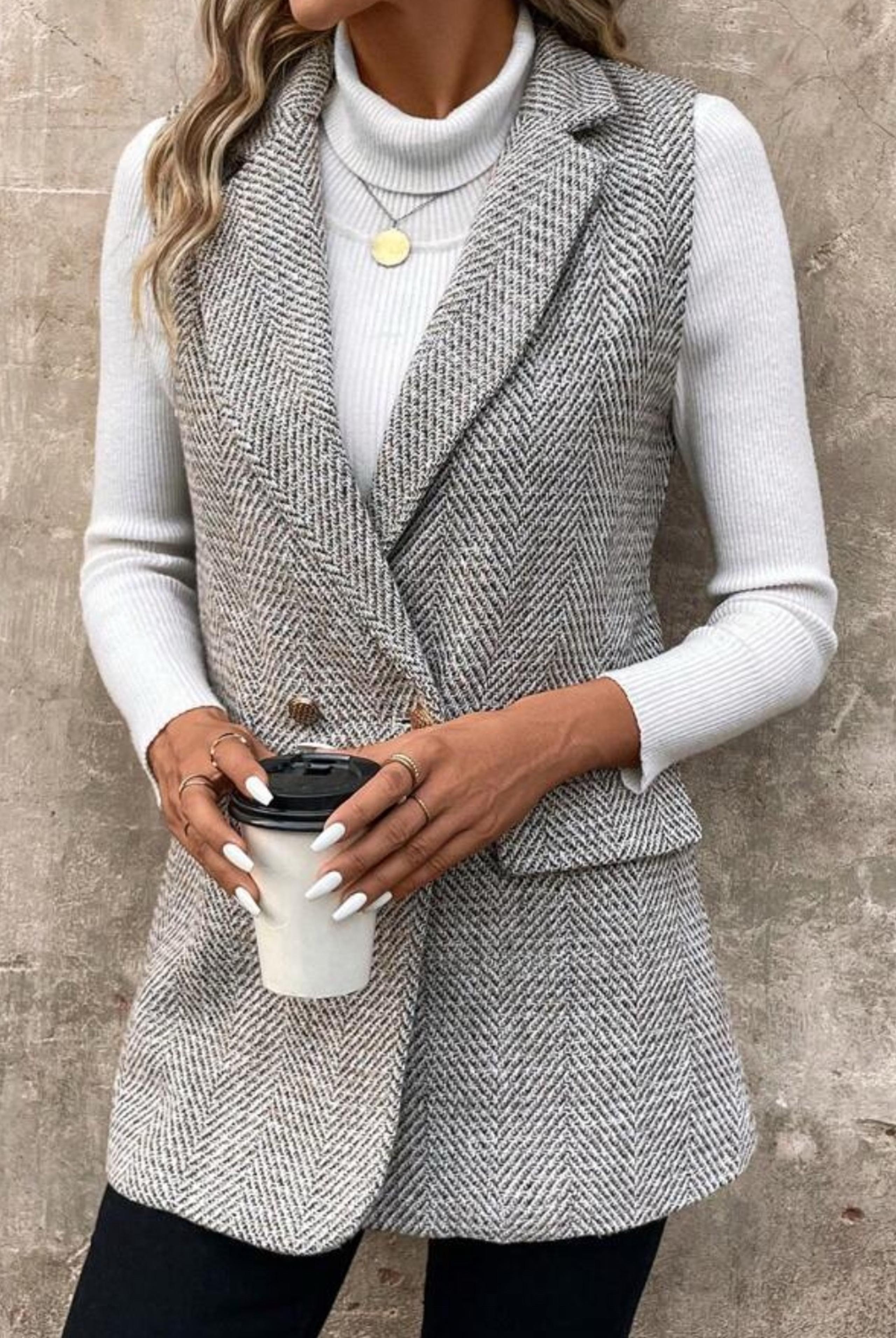 SHEIN LUNE Simple Women's Tweed Blazer Jacket For Commuting