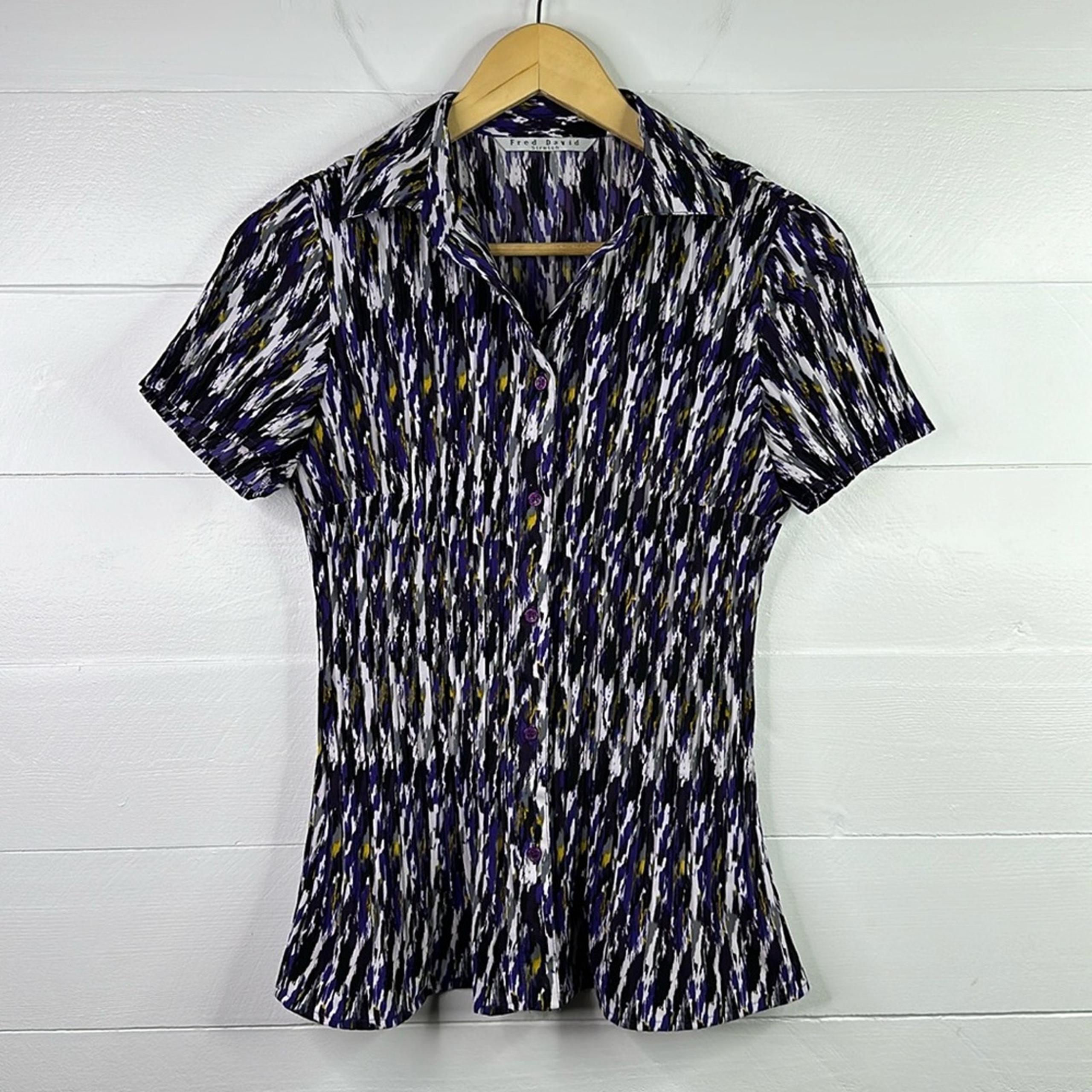 FRED DAVID Purple Black White Abstract Short Sleeve Button Up Blouse Top Size S