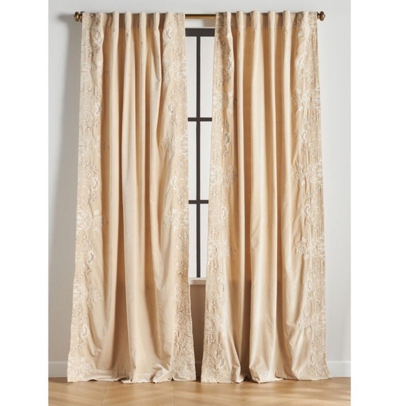 NWOT ONE Anthropologie Harlowe Embroidered Velvet Curtain Panel Tan 50 x84