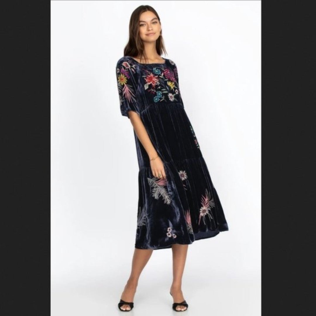 JOHNNY WAS Midnight Blue Boho NWT Tiarei Velvet Raglan Tiered Dress Size S