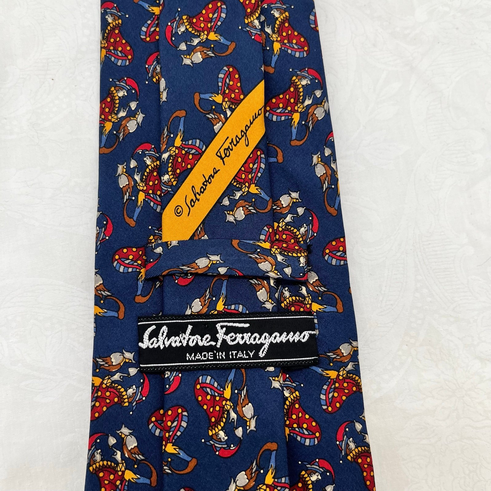Salvatore Ferragamo Men Silk Neck Tie Blue Jester Print Italian Luxury
