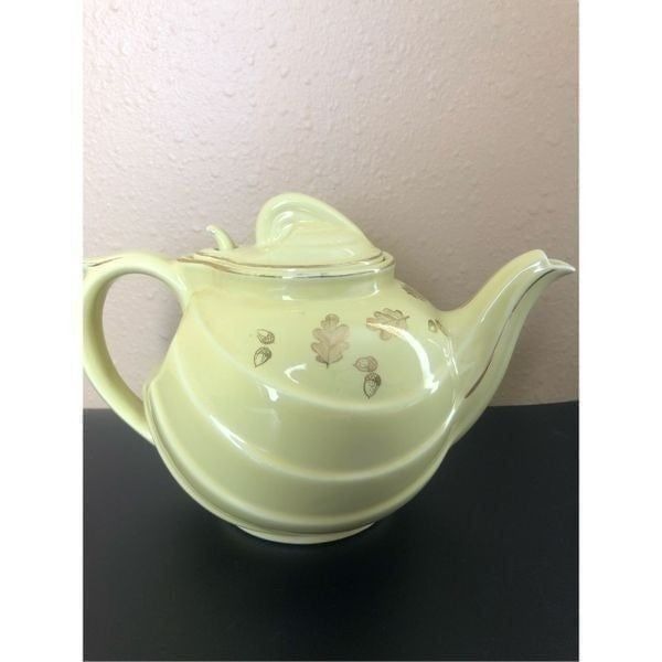 Retro Hall Teapot Canary Gold Label Parade Hook Yellow With Gold Oak Leaves 1950