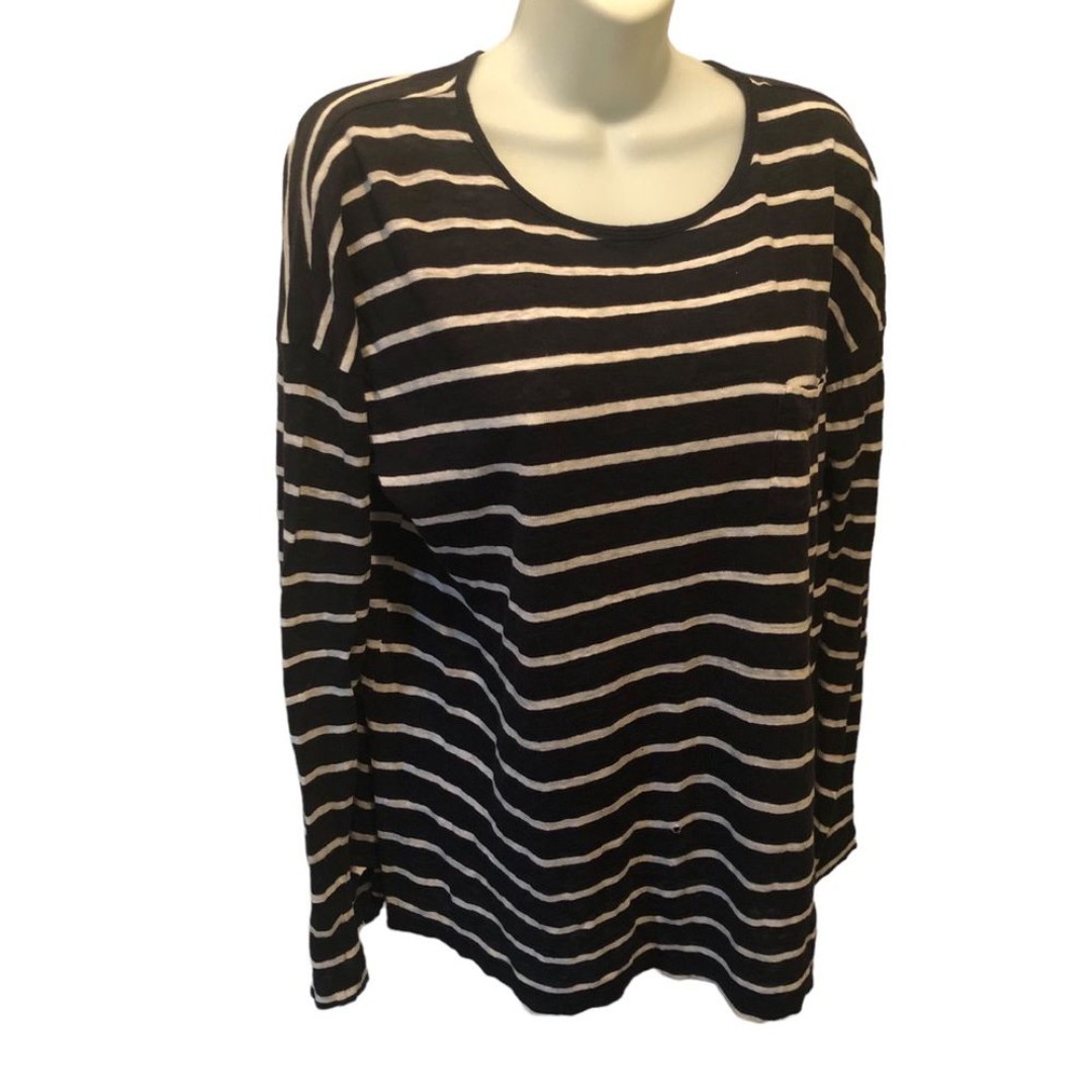 Vince Linen Long Sleeve Tee With Pocket Sz. M Casual Lightweight Black/White