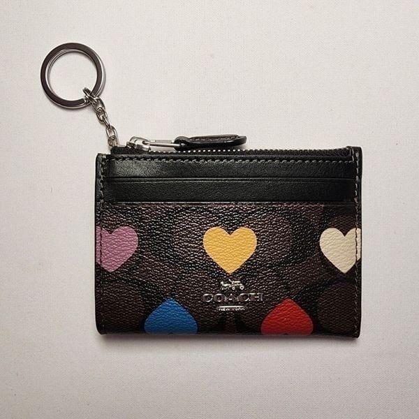 COACH CP466 Mini Skinny Id Case In Signature Canvas & Leather With Heart Print