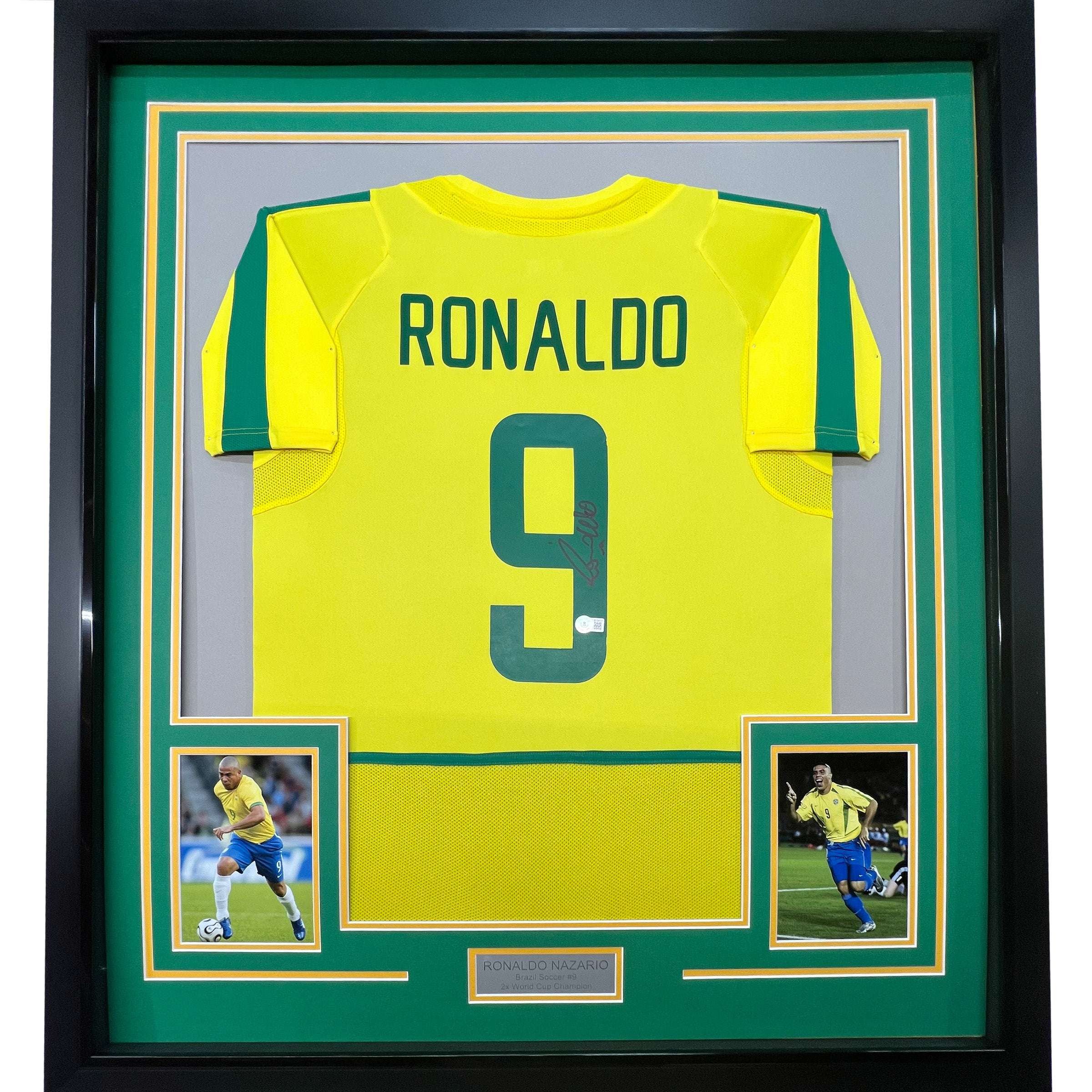 Framed Autographed/Signed Ronaldo Nazario 35x39 Brazil Yellow Soccer Jersey Bec
