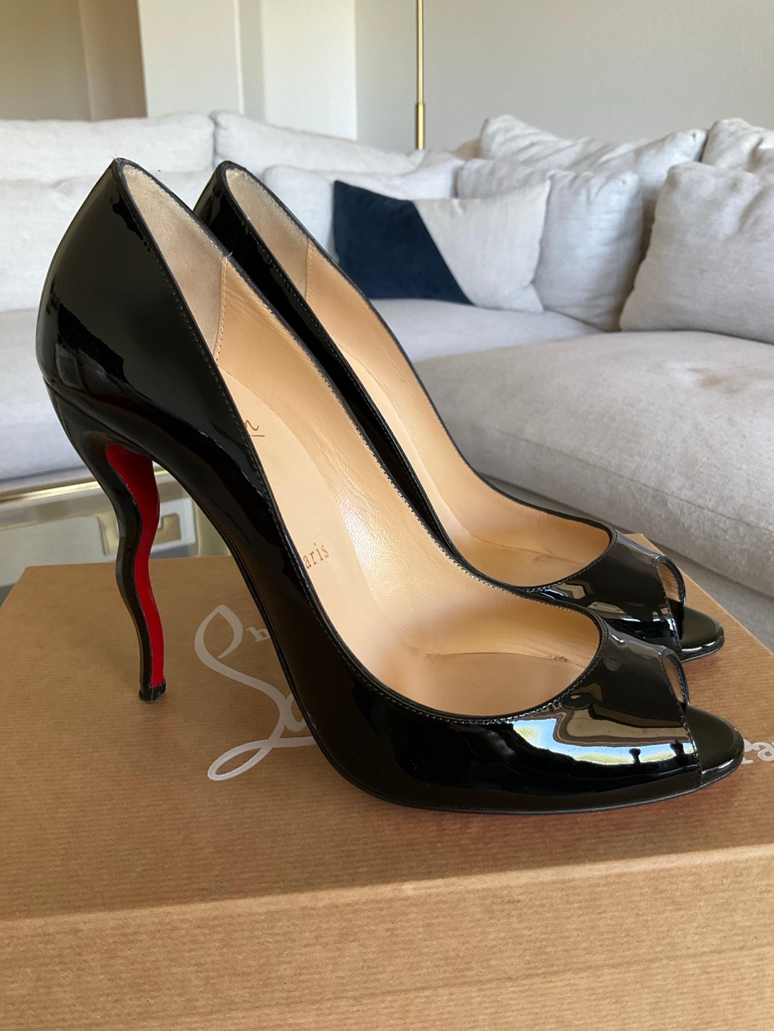 Authentic Christian Louboutin Jolly B Patent Black peep toe heels, size 39