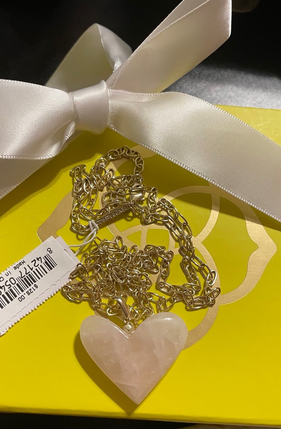 NWT 128 Kendra Scott 14K Rose Quartz Lg Poppy Heart Necklace w/Box, Bag & Bow