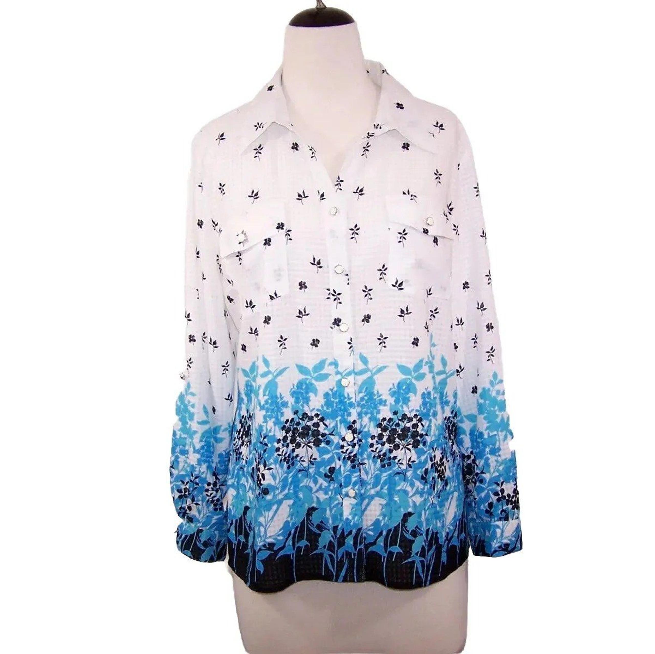 Elementz Shirt Top Size Large Sheer Floral Button Up Long Roll Up Sleeve Blouse