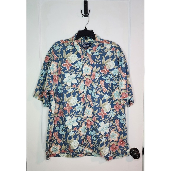 Polo Ralph Lauren Shirt Size XXL Blue Hawaiian Dragonfly Floral Clayton Cotton