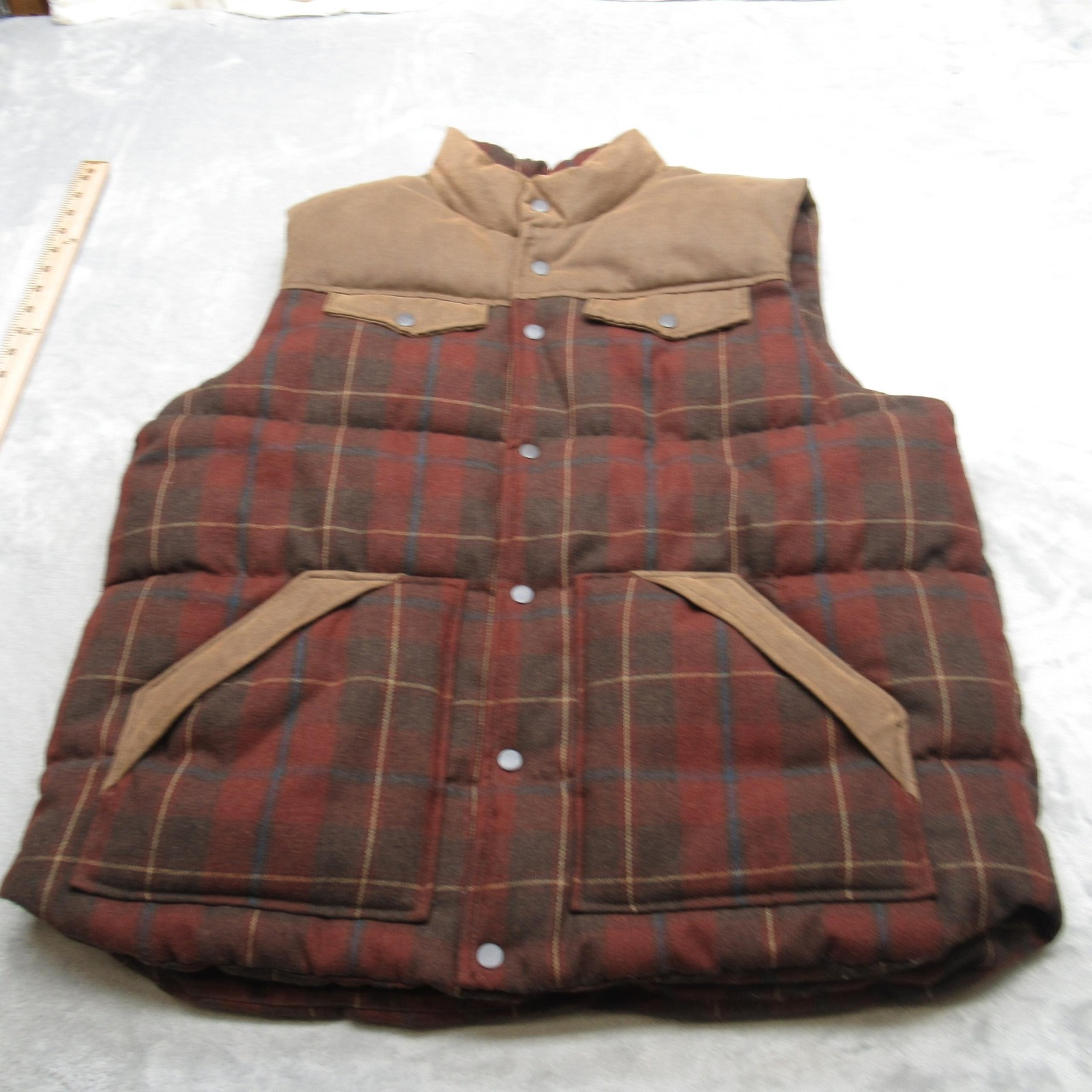 RedHead Wool Blend Puffer Vest Mens XL Brown Red Plaid Insulated Snap Quilted