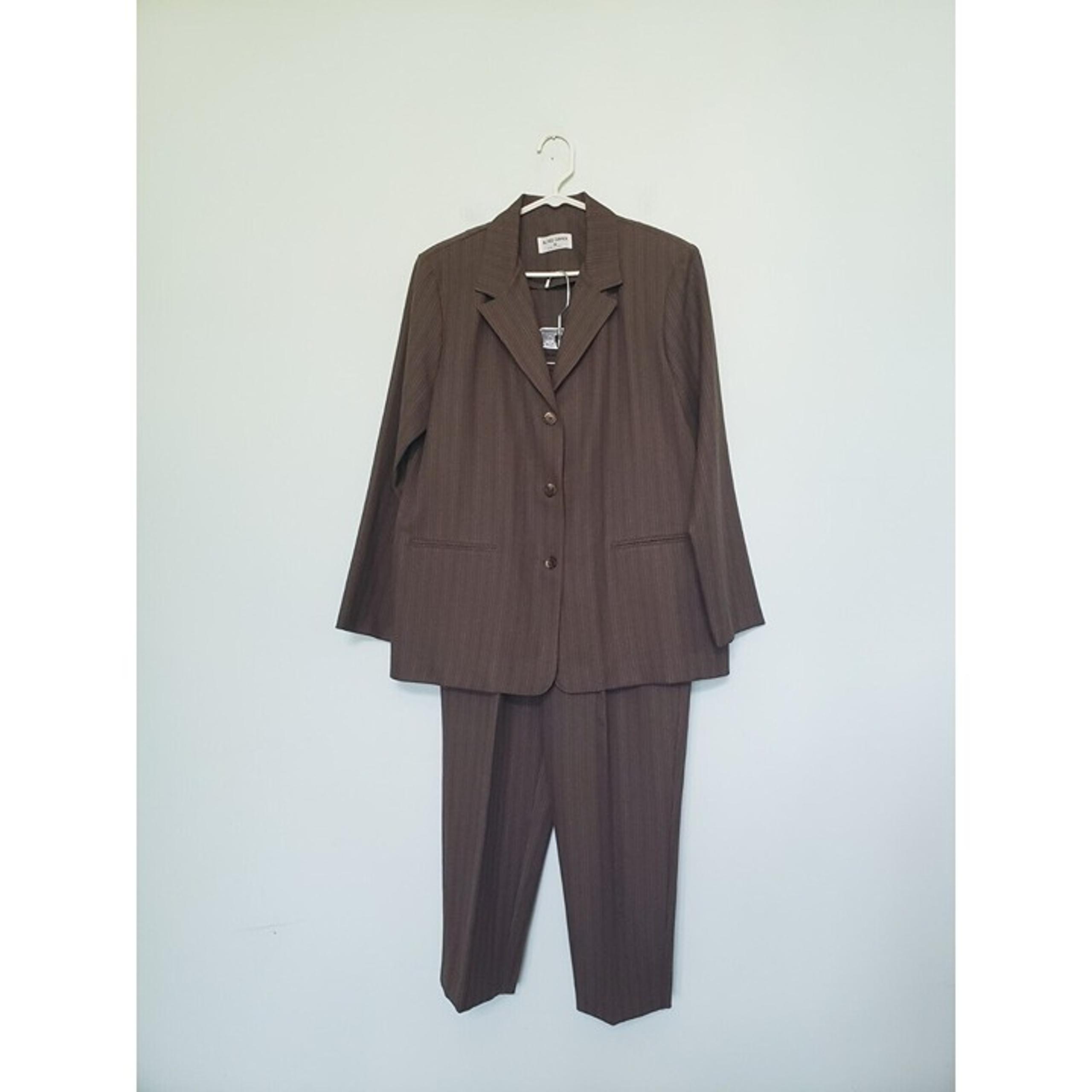 Vtg Alfred Dunner Women 16 Pant Suit Set Blazer Button Front Brown Stripe Career