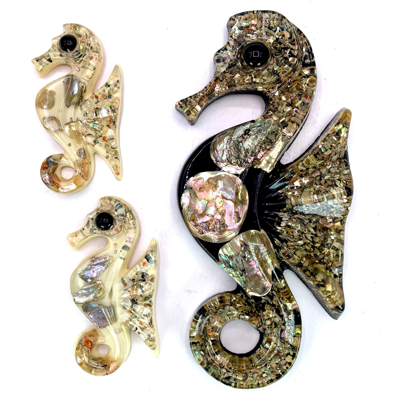 Vintage Lucite Abalone Seahorses Seashells Lot of 3 Retro Wall Plaques * READ *