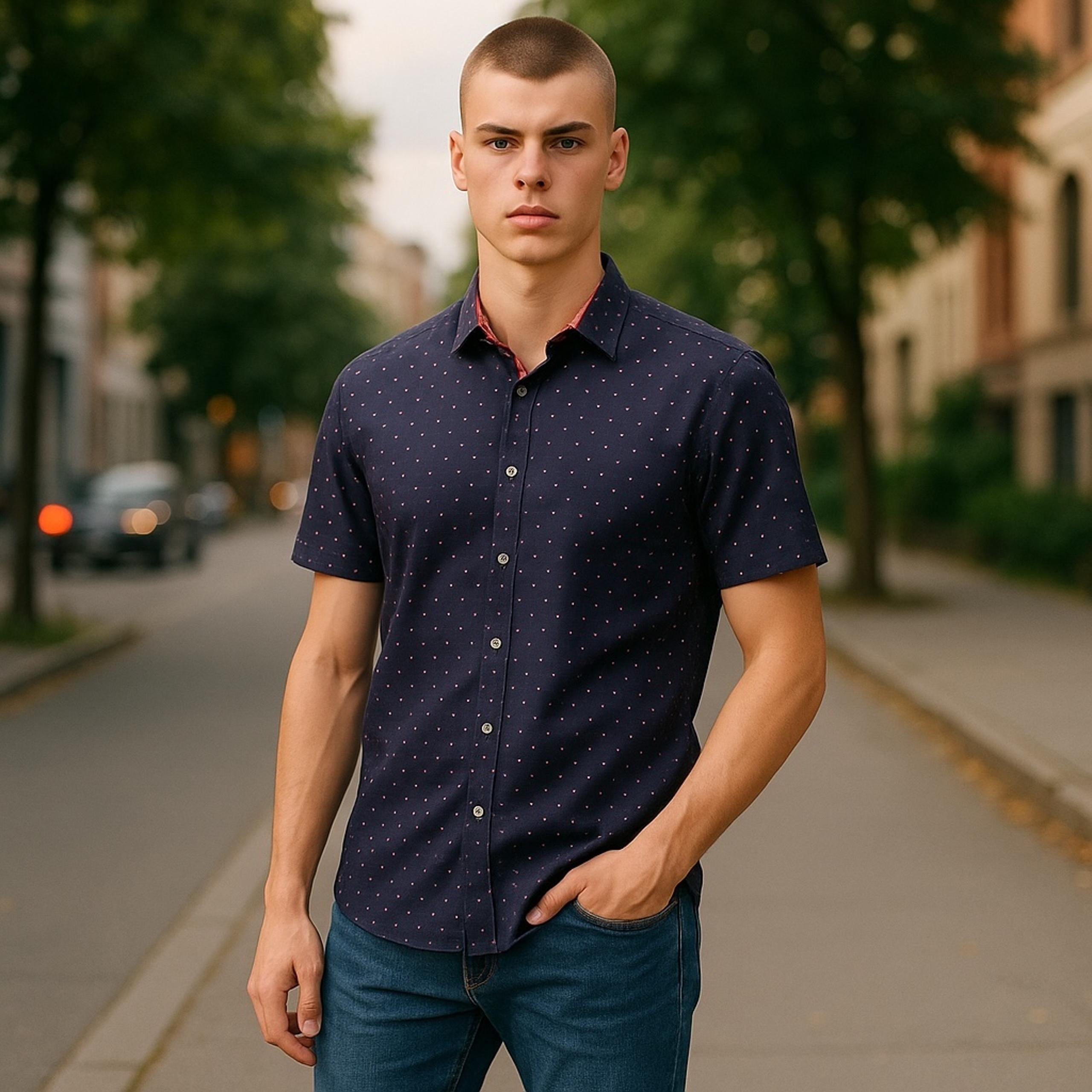 Bogosse Men’s Short Sleeve Shirt Size 4 Dark Purportedly Polka Dots Cotton